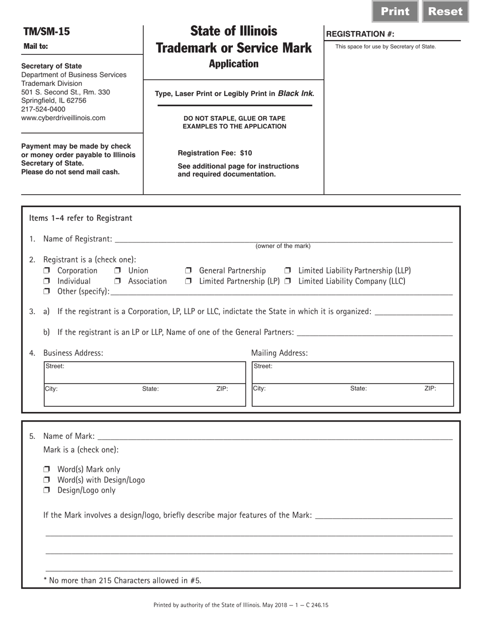 Form TM/SM-15 Trademark or Service Mark Application - Illinois, Page 1