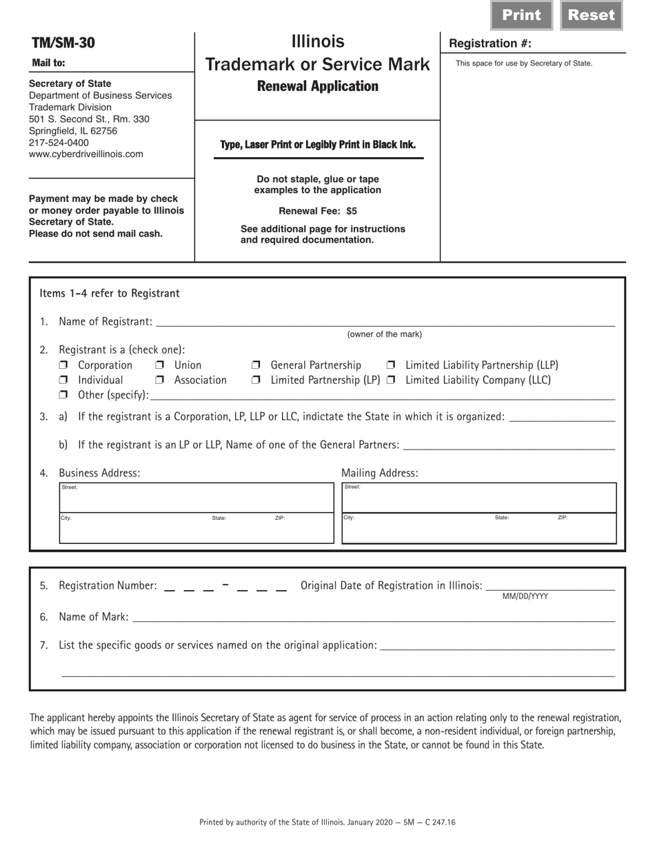 Form TM / SM-30 Trademark or Service Mark Renewal Application - Illinois, Page 1