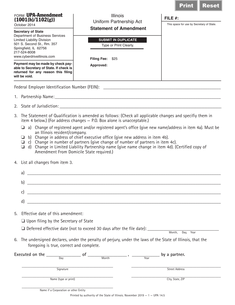 Form UPA1001(H) / 1102(G) Statement of Amendment - Illinois, Page 1