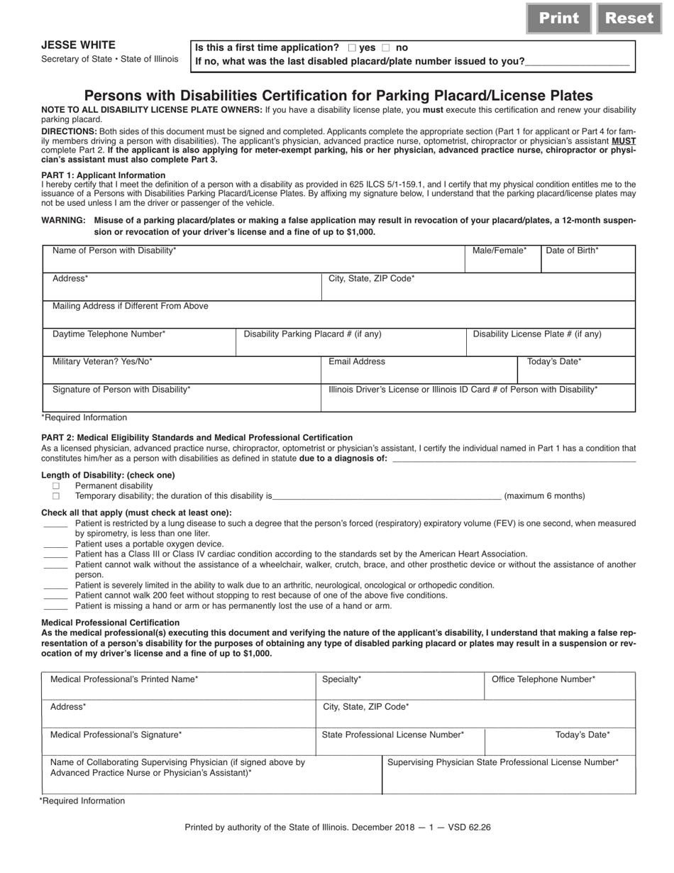Form VSD62 Persons With Disabilities Certification for Parking Placard / License Plates - Illinois, Page 1