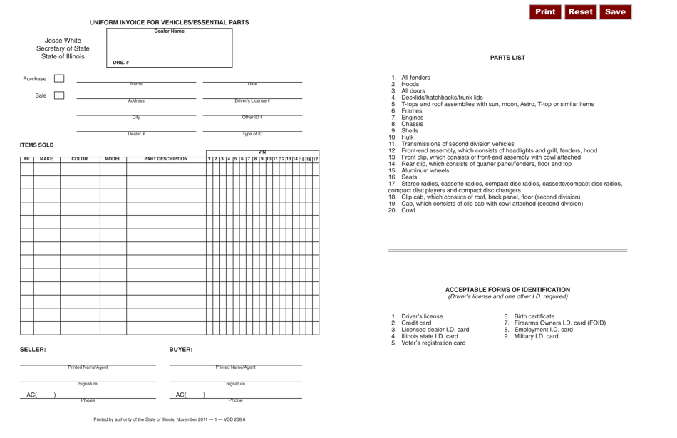 Form VSD238 Uniform Invoice for Vehicles / Essential Parts - Illinois, Page 1