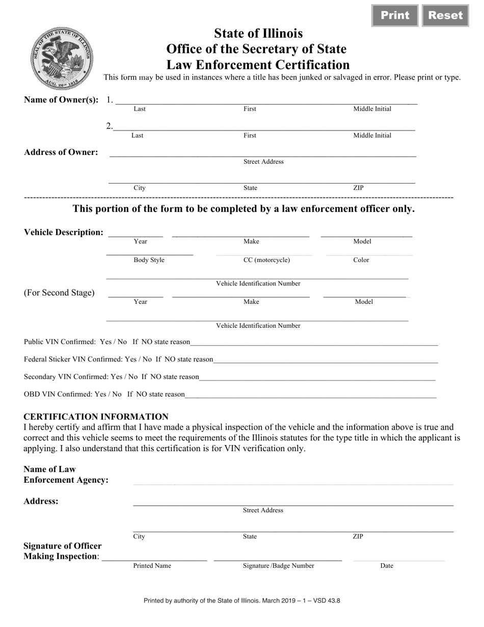 Form VSD43 Law Enforcement Certification - Illinois, Page 1