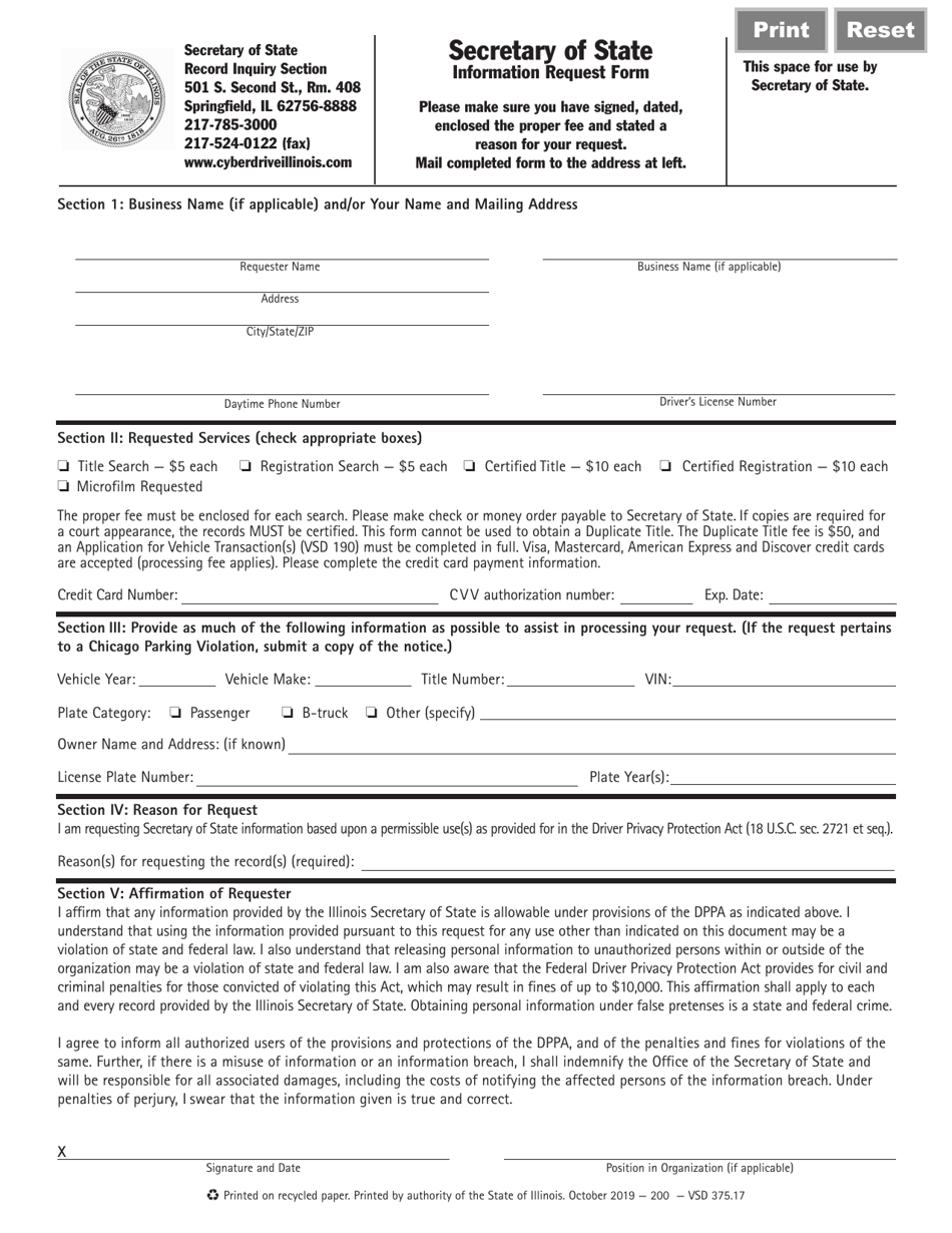 Form VSD375 - Fill Out, Sign Online and Download Fillable PDF, Illinois ...