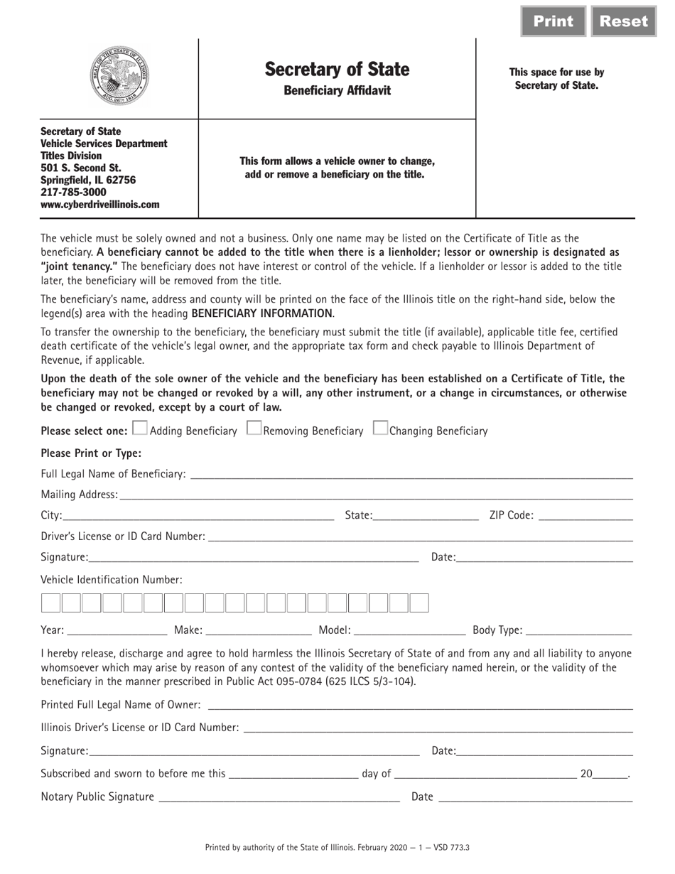 Form VSD773 Beneficiary Affidavit - Illinois, Page 1