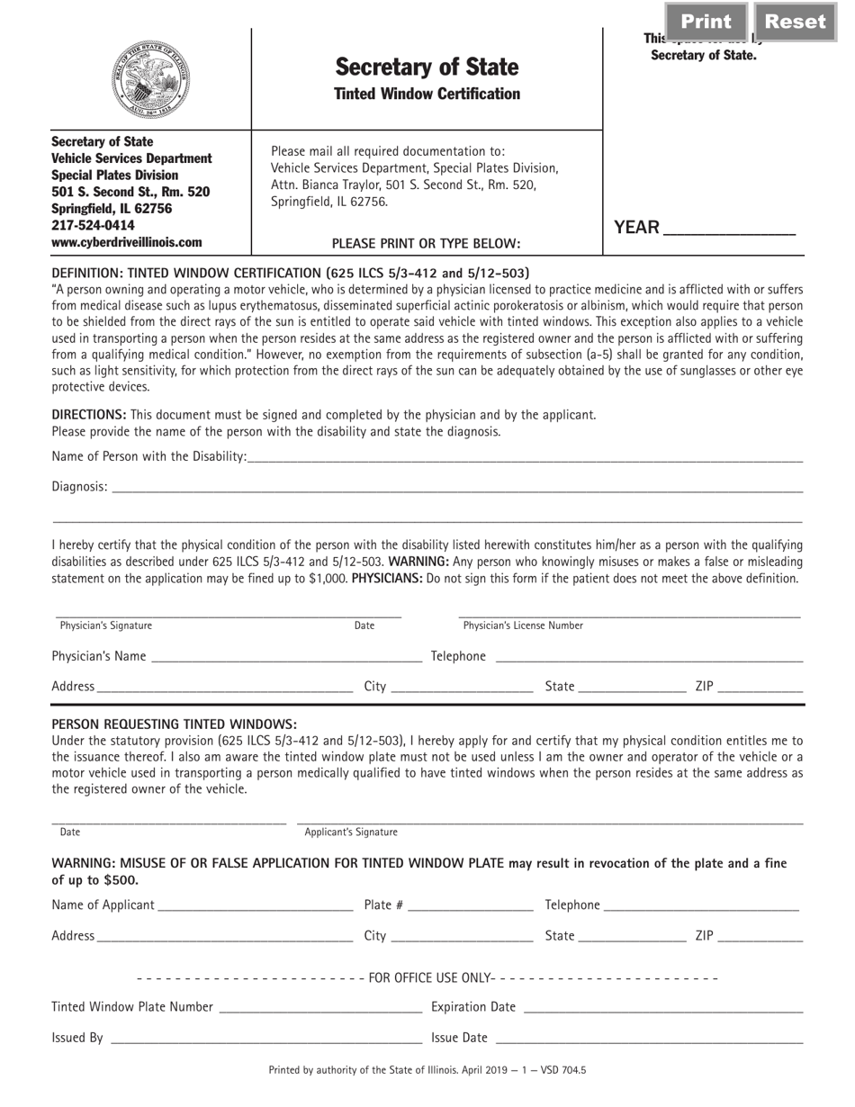 Form VSD704 Tinted Window Certification - Illinois, Page 1