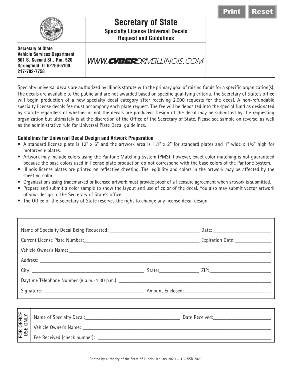 Form VSD702 Specialty License Universal Decals Request and Guidelines - Illinois, Page 1