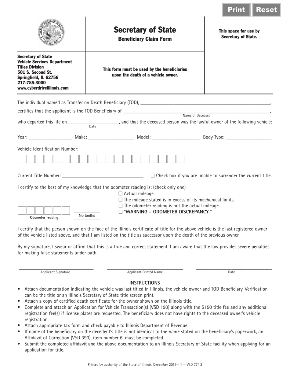 Form VSD774 Beneficiary Claim Form - Illinois, Page 1