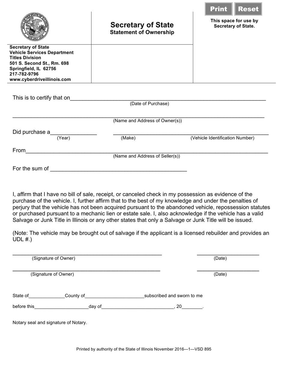 Form VSD895 Statement of Ownership - Illinois, Page 1