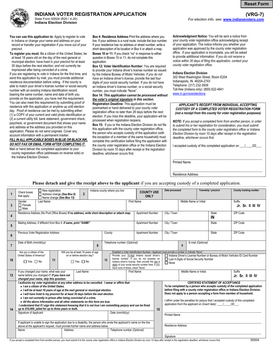 Form VRG-7 (State Form 50504) Indiana Voter Registration Application - Indiana, Page 1