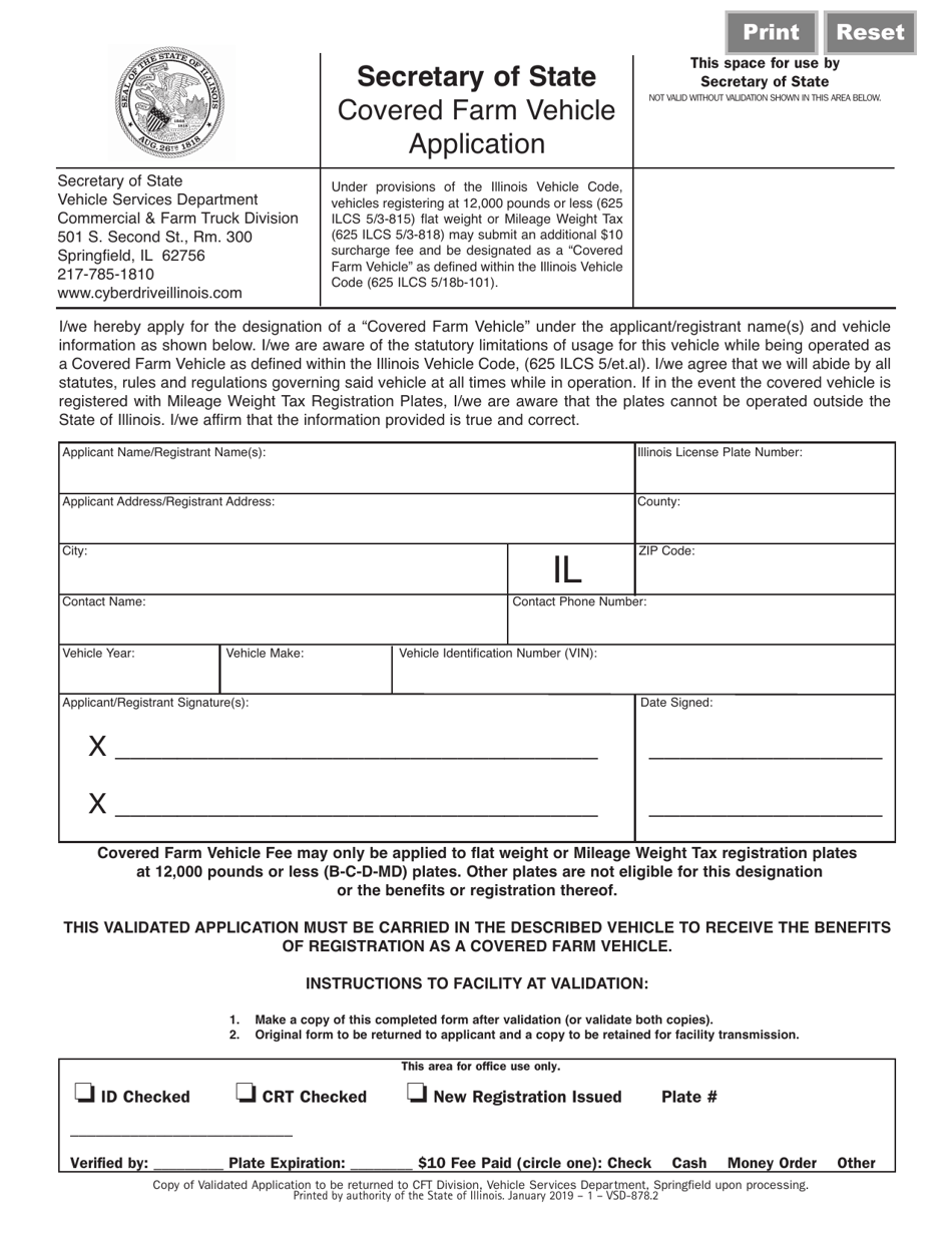 Form VSD878 Covered Farm Vehicle Application - Illinois, Page 1