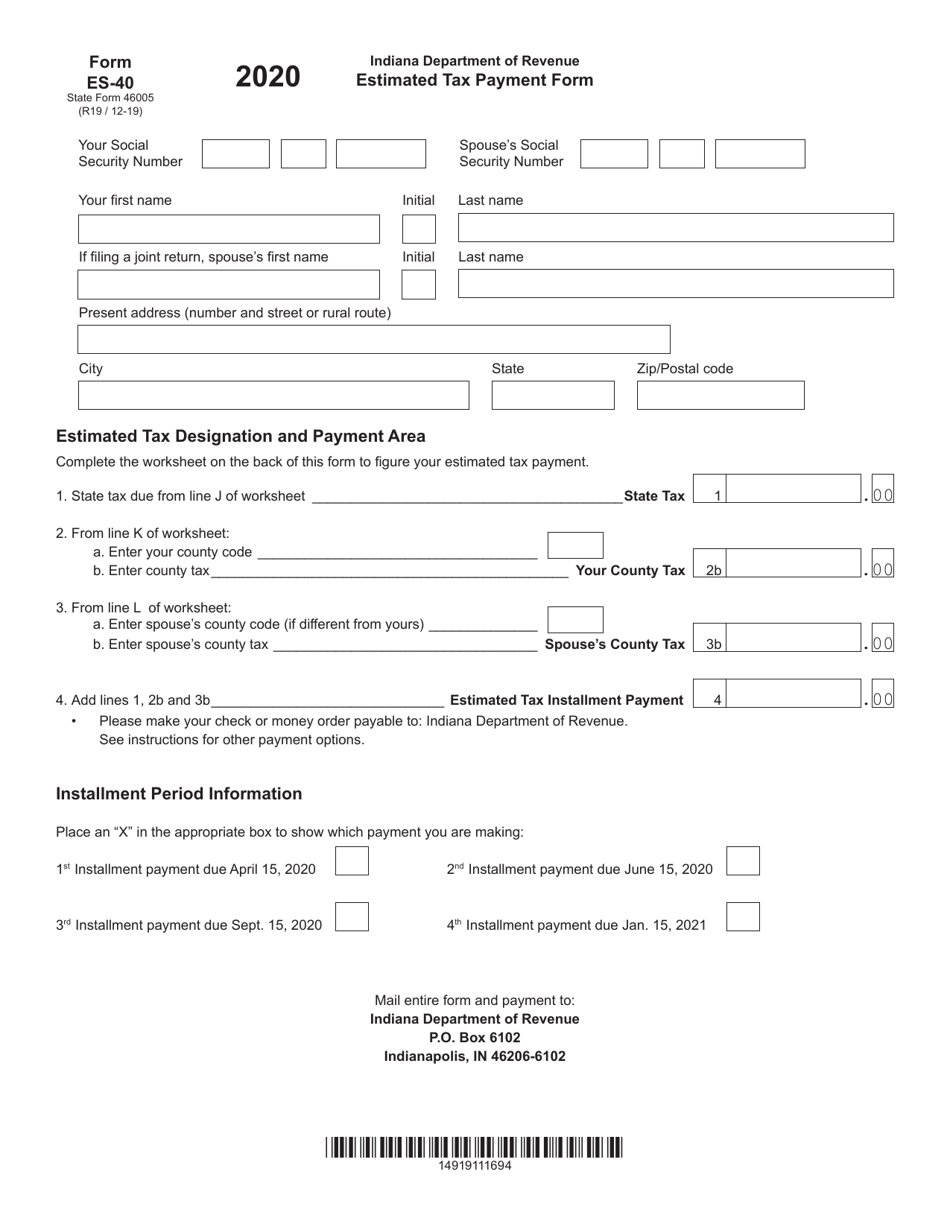 Form ES-40 (State Form 46005) Estimated Tax Payment Form - Indiana, Page 2