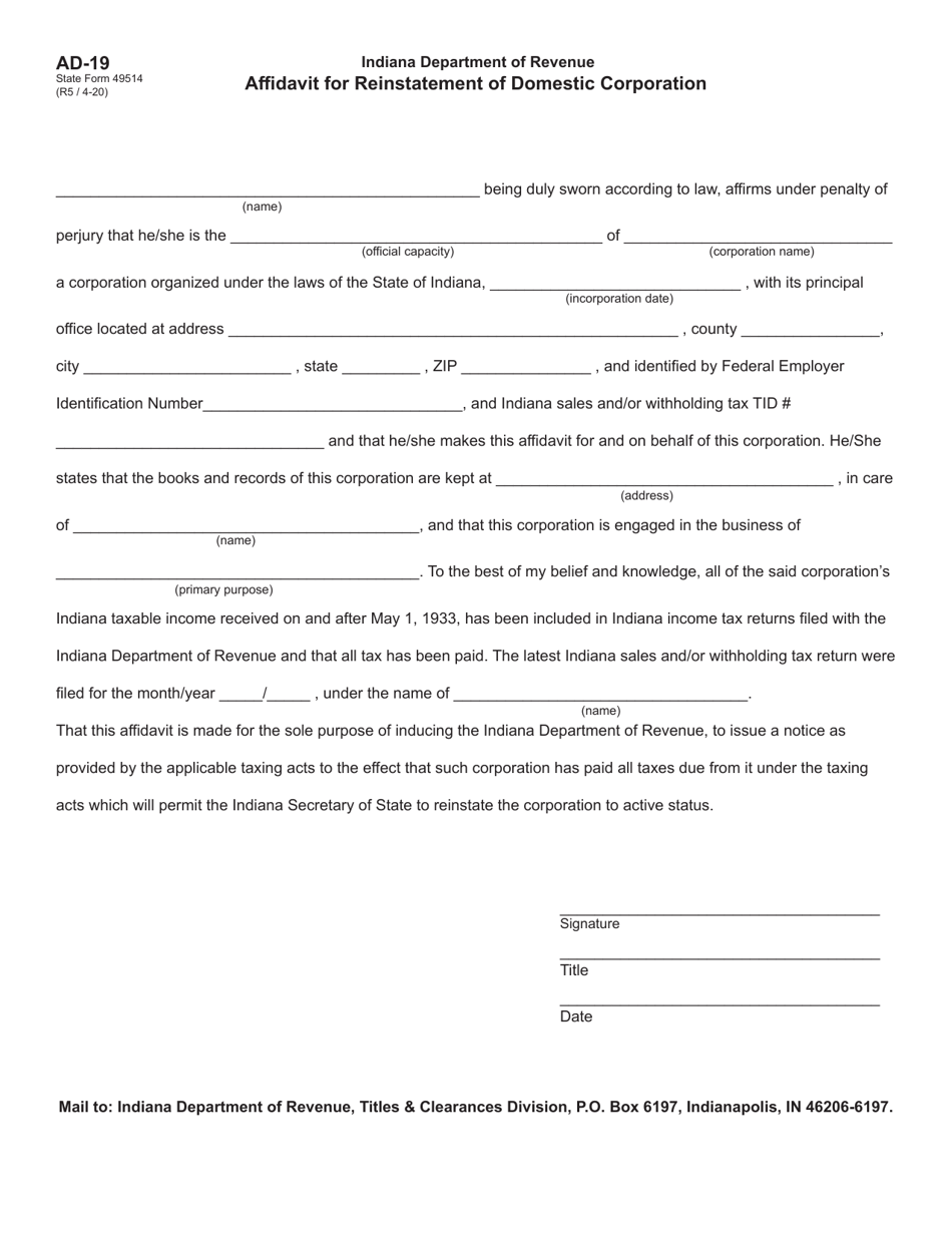 Form AD-19 (State Form 49514) Affidavit for Reinstatement of Domestic Corporation - Indiana, Page 1