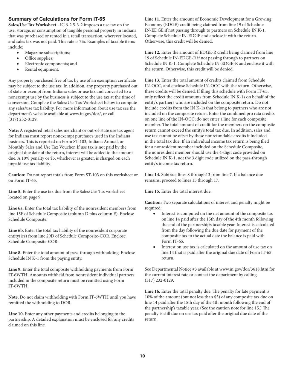 Instructions for Form IT-65, State Form 11800 Indiana Partnership Return - Indiana, Page 10