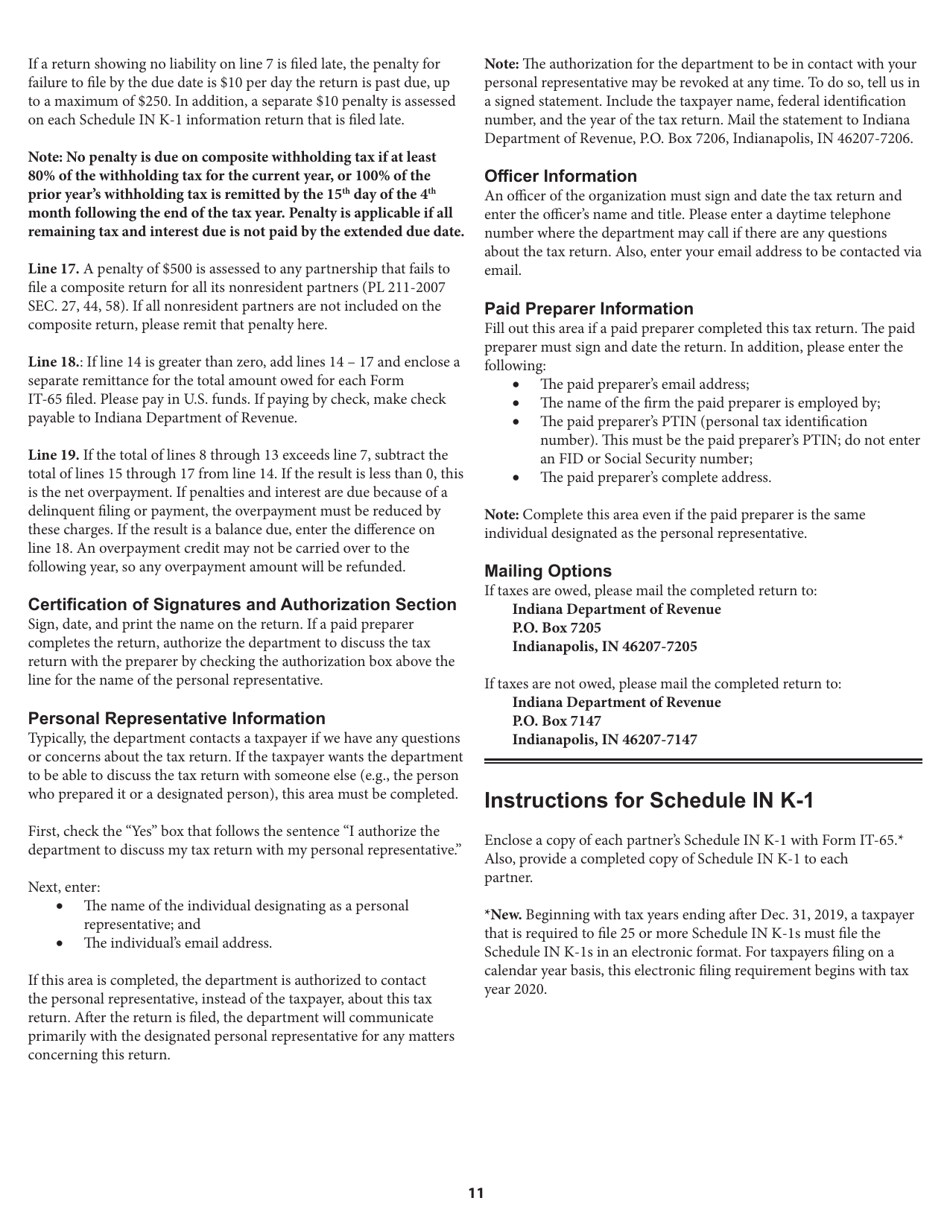 Instructions for Form IT-65, State Form 11800 Indiana Partnership Return - Indiana, Page 11