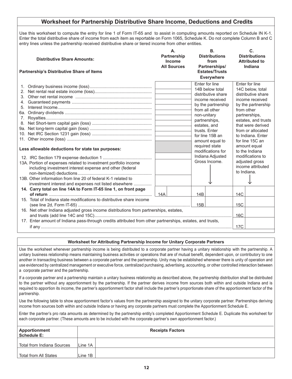 Instructions for Form IT-65, State Form 11800 Indiana Partnership Return - Indiana, Page 12