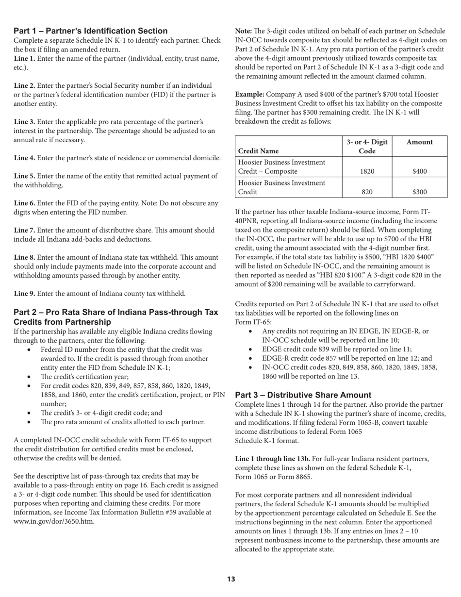 Instructions for Form IT-65, State Form 11800 Indiana Partnership Return - Indiana, Page 13