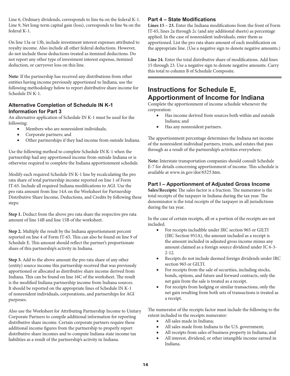 Instructions for Form IT-65, State Form 11800 Indiana Partnership Return - Indiana, Page 14