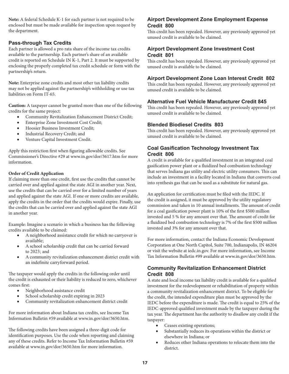 Instructions for Form IT-65, State Form 11800 Indiana Partnership Return - Indiana, Page 17