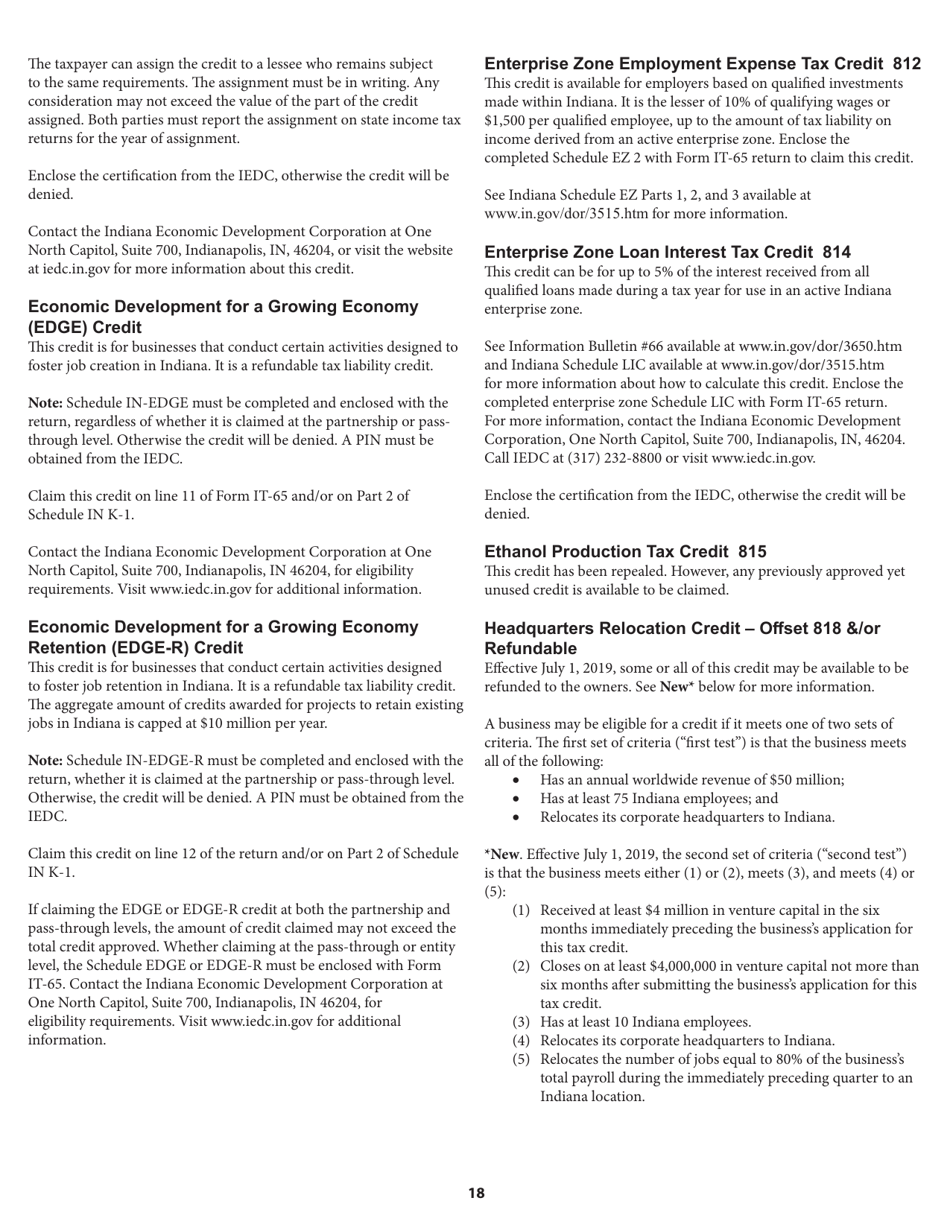 Instructions for Form IT-65, State Form 11800 Indiana Partnership Return - Indiana, Page 18
