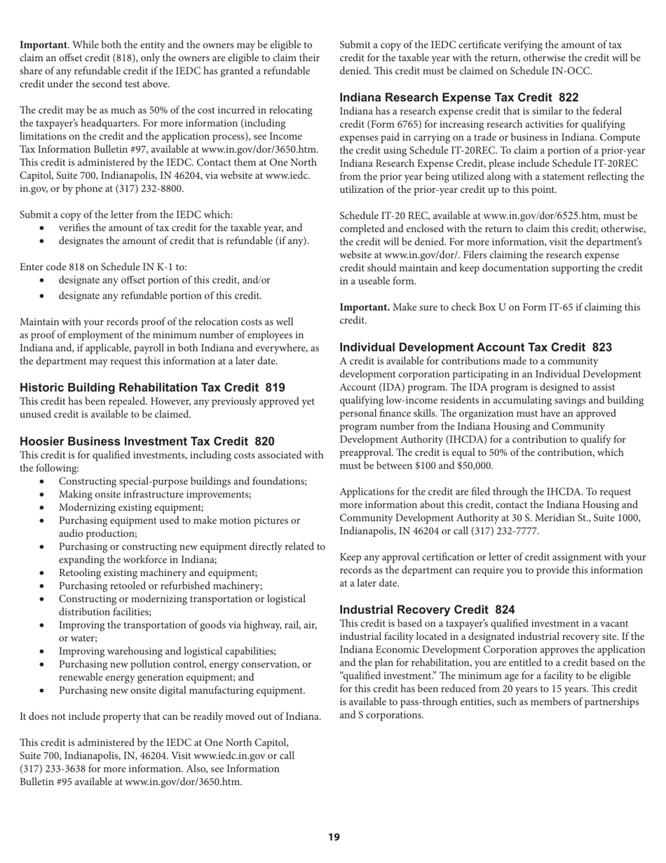 Instructions for Form IT-65, State Form 11800 Indiana Partnership Return - Indiana, Page 19