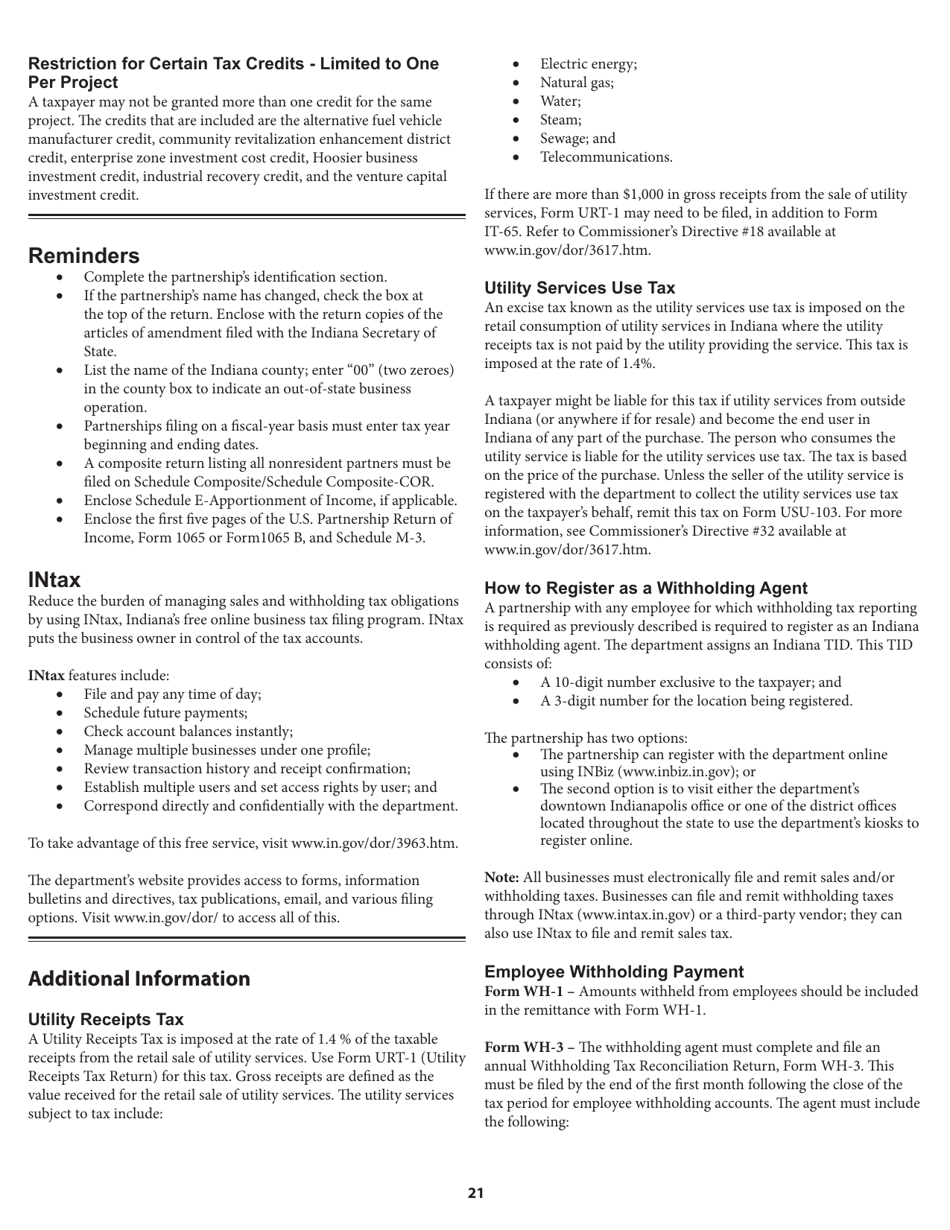 Instructions for Form IT-65, State Form 11800 Indiana Partnership Return - Indiana, Page 21