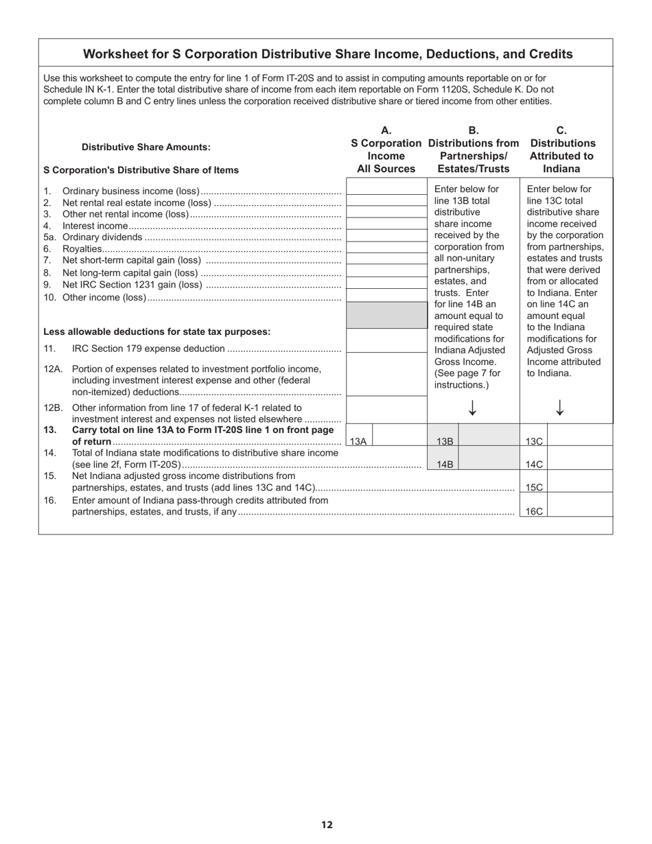 Instructions for Form IT-20S, State Form 10814 S Corporation Income Tax Return - Indiana, Page 12
