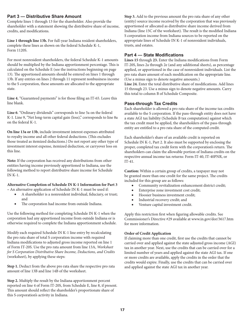 Instructions for Form IT-20S, State Form 10814 S Corporation Income Tax Return - Indiana, Page 17