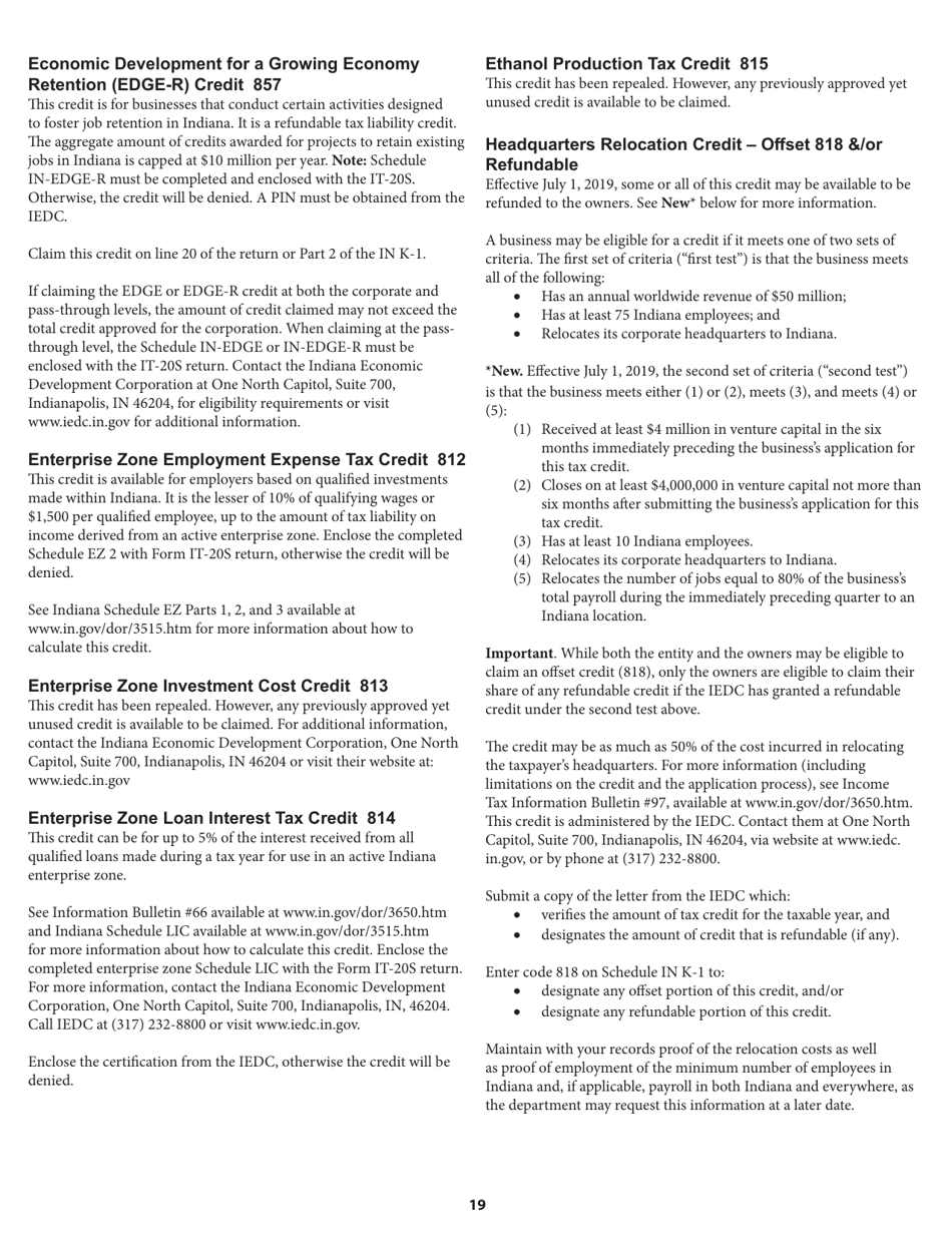 Instructions for Form IT-20S, State Form 10814 S Corporation Income Tax Return - Indiana, Page 19