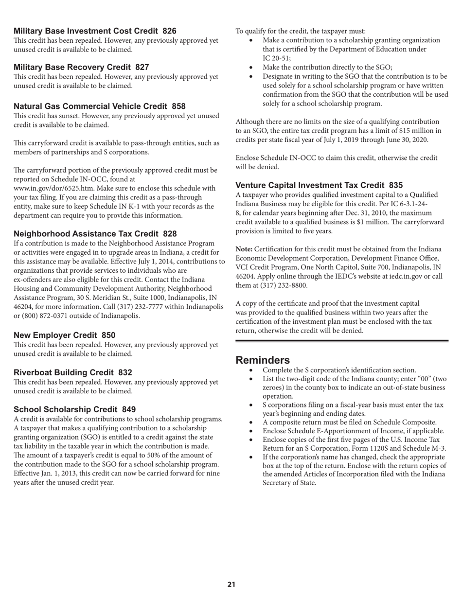 Instructions for Form IT-20S, State Form 10814 S Corporation Income Tax Return - Indiana, Page 21