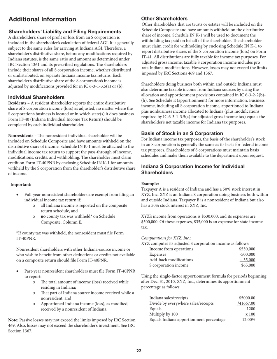 Instructions for Form IT-20S, State Form 10814 S Corporation Income Tax Return - Indiana, Page 22