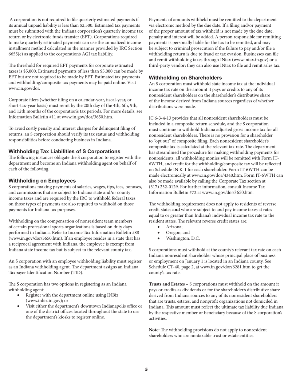 Instructions for Form IT-20S, State Form 10814 S Corporation Income Tax Return - Indiana, Page 5