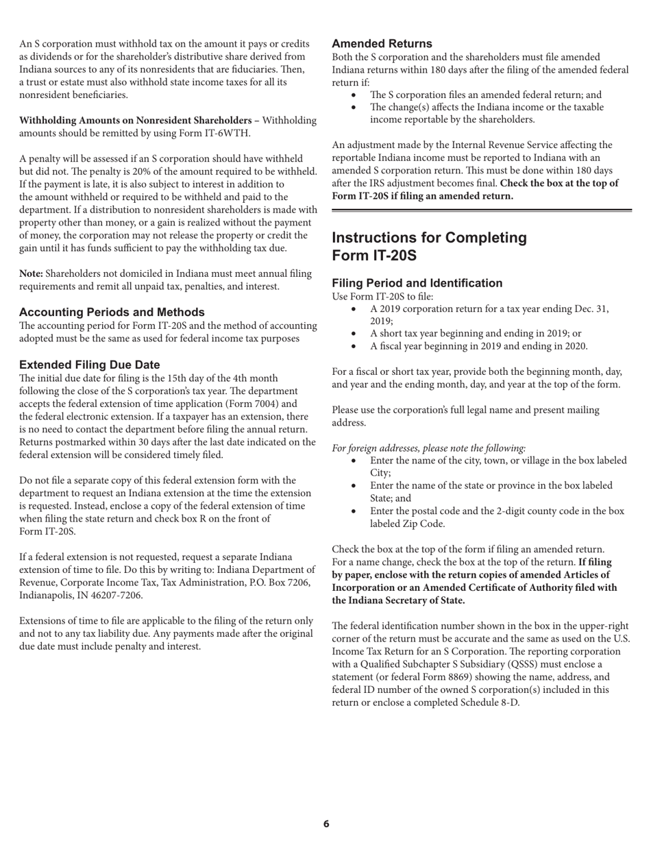 Instructions for Form IT-20S, State Form 10814 S Corporation Income Tax Return - Indiana, Page 6