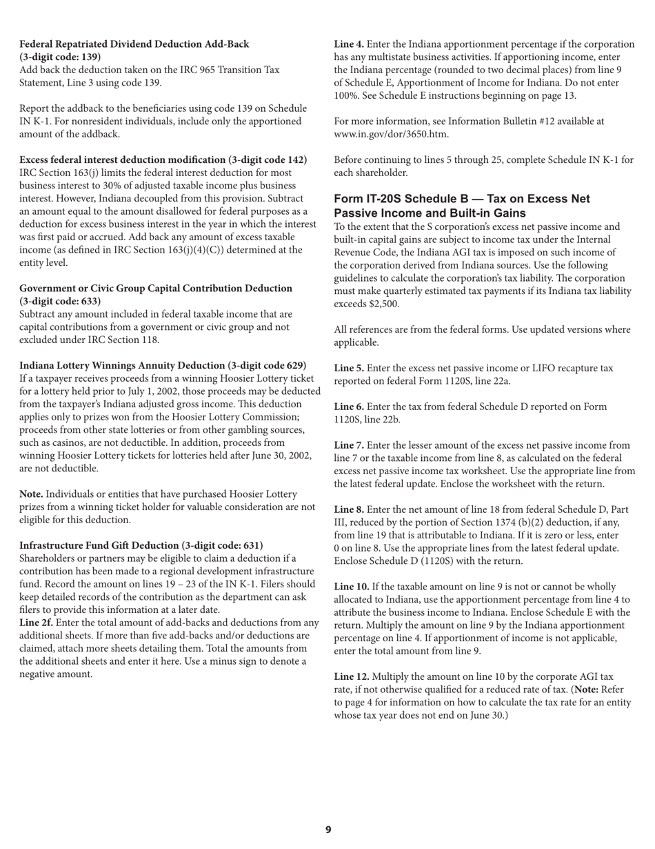 Instructions for Form IT-20S, State Form 10814 S Corporation Income Tax Return - Indiana, Page 9