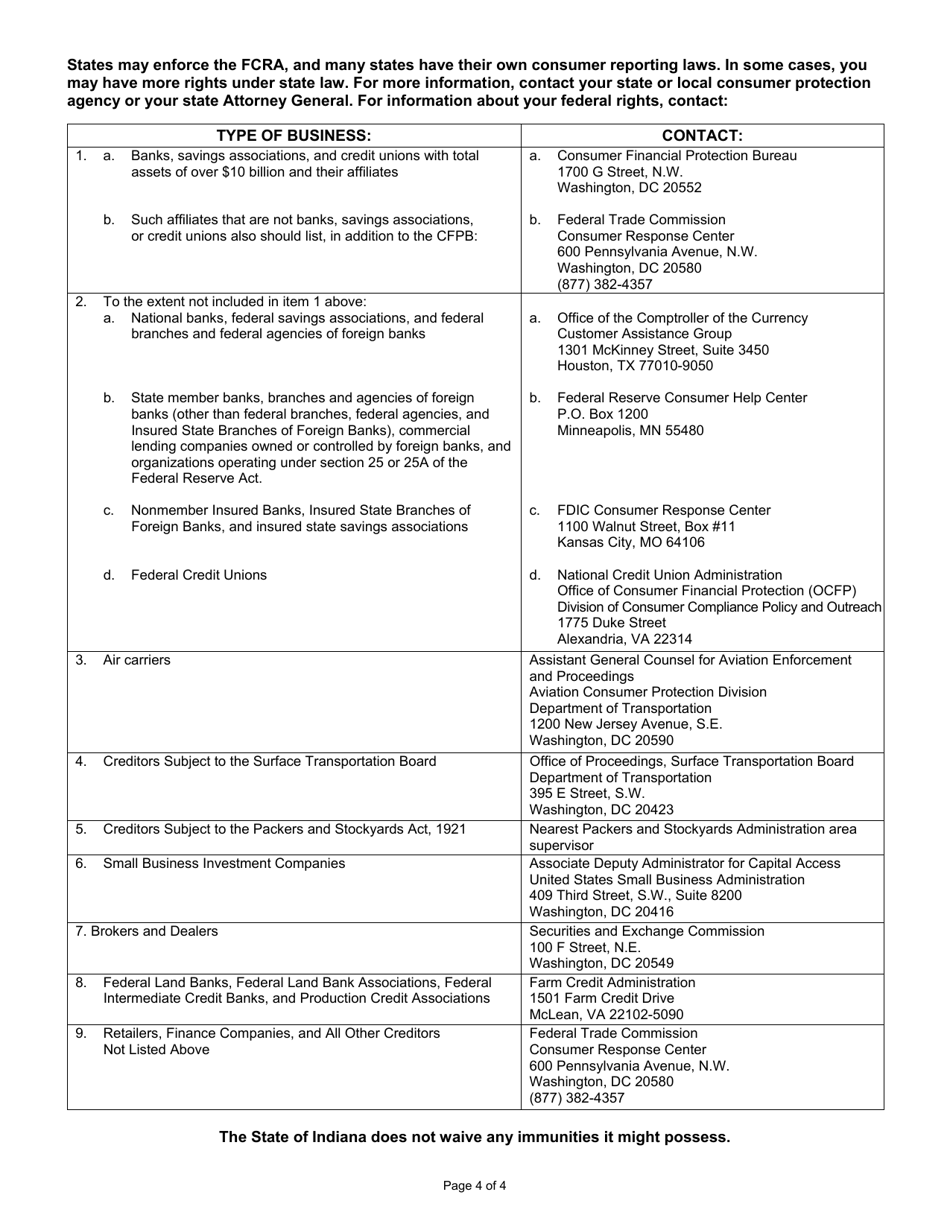 State Form 51334 Applicant Disclosure and Release for Consumer and Investigative Consumer Reports - Indiana, Page 4