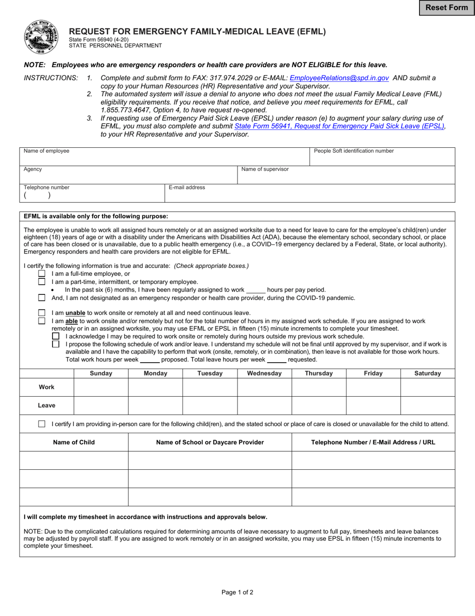 State Form 56940 Request for Emergency Family-Medical Leave (Efml) - Indiana, Page 1