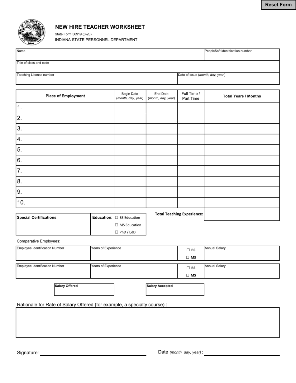 State Form 56919 New Hire Teacher Worksheet - Indiana, Page 1