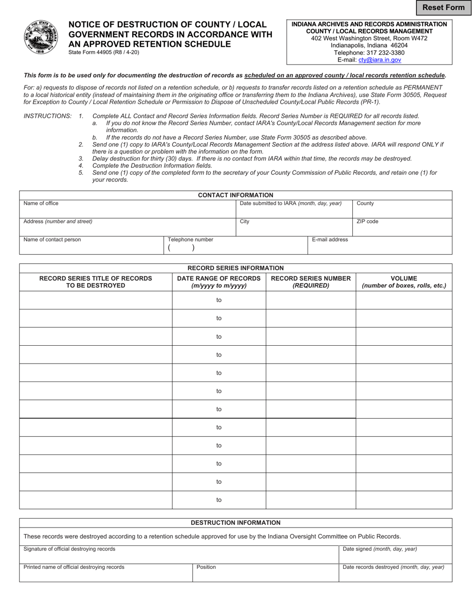 State Form 44905 Notice of Destruction of County / Local Government Record in Accordance With an Approved Retention Schedule - Indiana, Page 1
