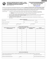 Document preview: State Form 44905 Notice of Destruction of County / Local Government Record in Accordance With an Approved Retention Schedule - Indiana