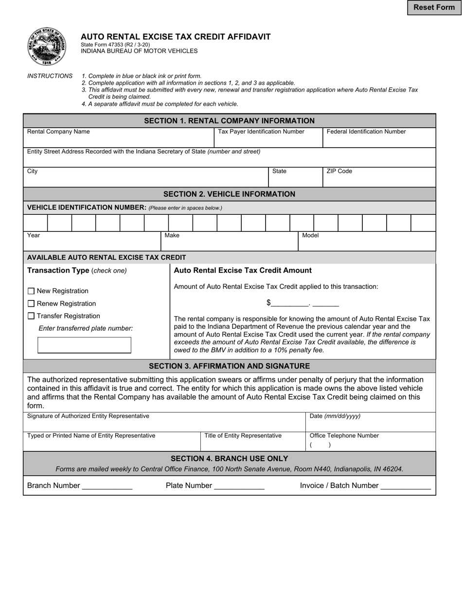 State Form 47353 Auto Rental Excise Tax Credit Affidavit - Indiana, Page 1