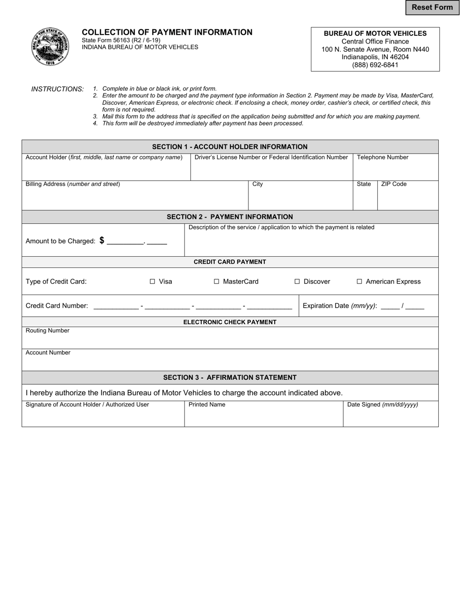 State Form 56163 Collection of Payment Information - Indiana, Page 1