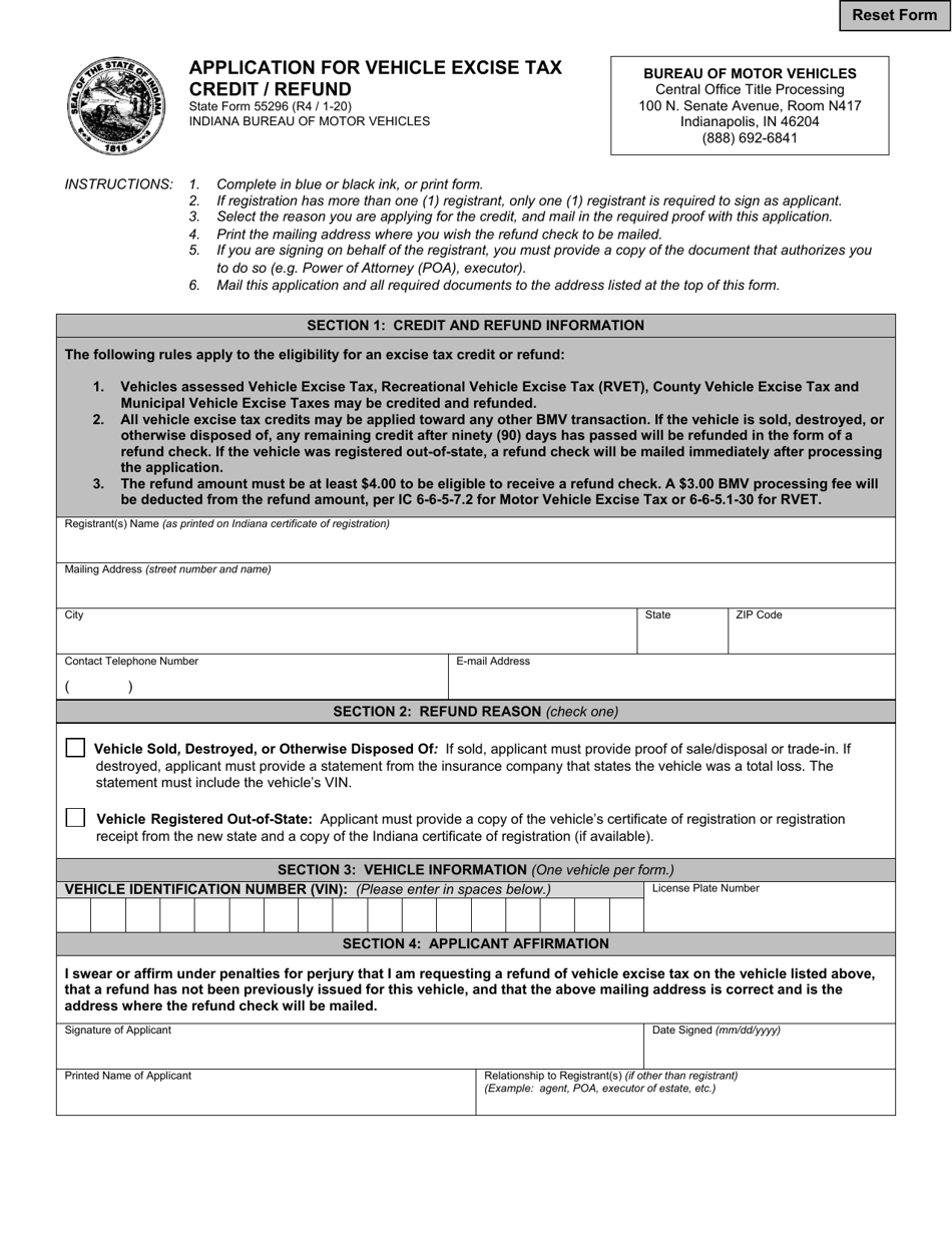 State Form 55296 Application for Vehicle Excise Tax Credit / Refund - Indiana, Page 1
