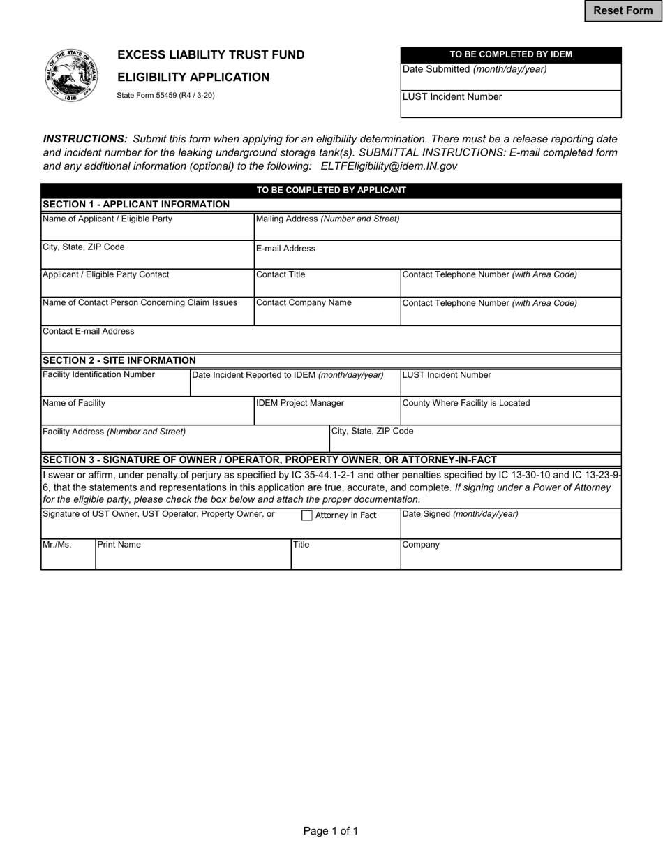 State Form 55459 Excess Liability Trust Fund Eligibility Application - Indiana, Page 1