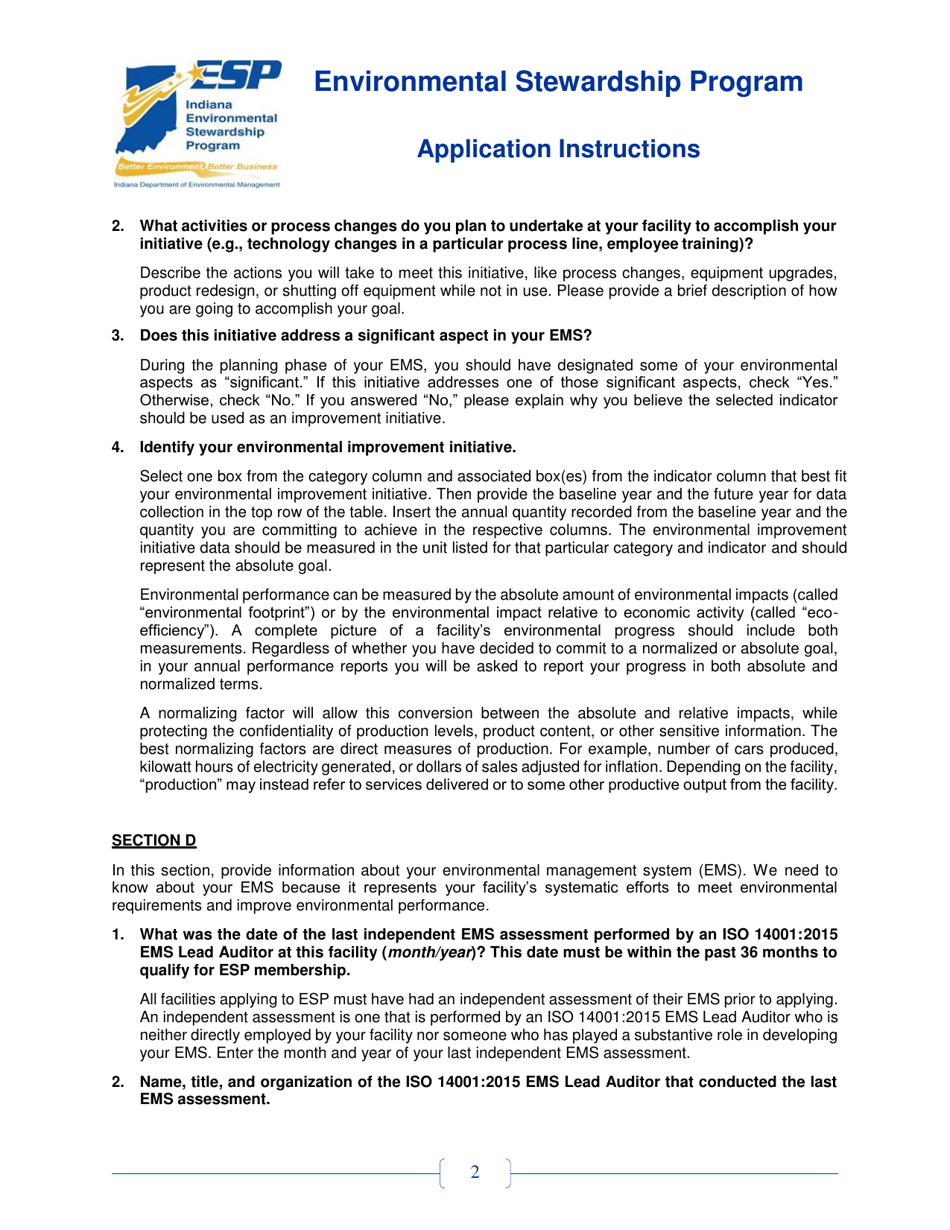 Instructions for State Form 52772 Indiana Environmental Stewardship Program Application - Indiana, Page 2