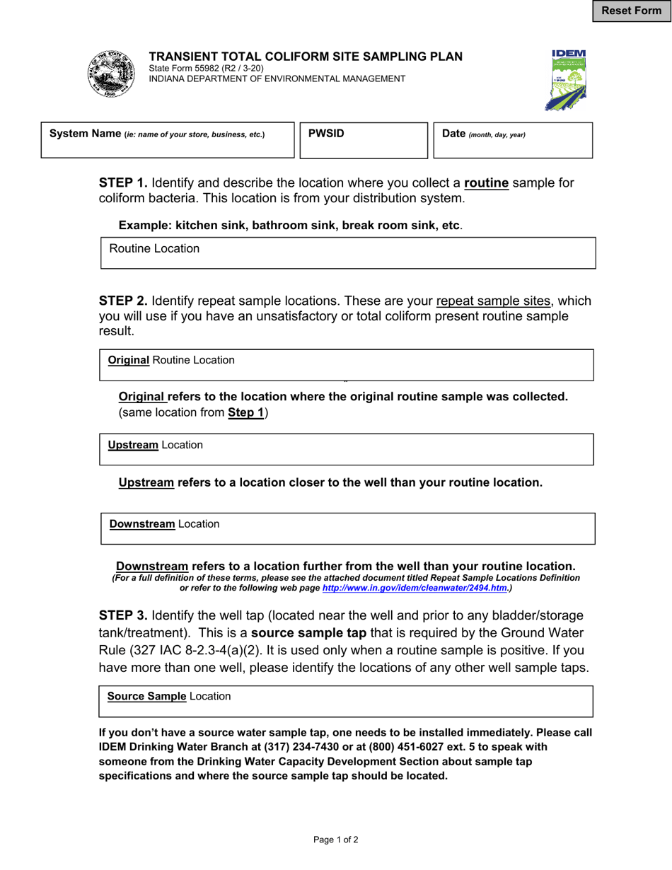 State Form 55982 Transient Total Coliform Site Sampling Plan - Indiana, Page 1