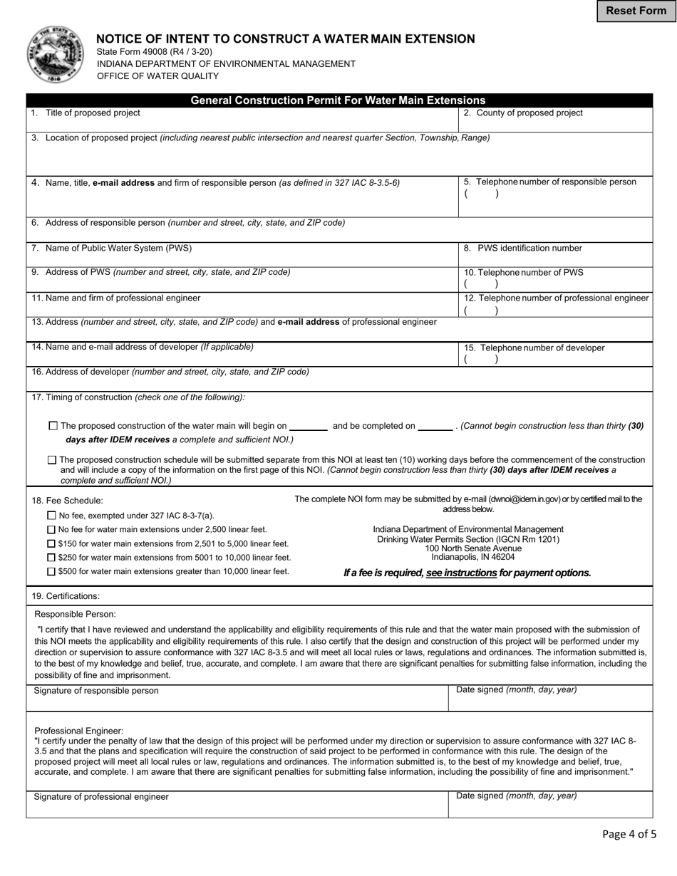 State Form 49008 Notice of Intent to Construct a Water Main Extension - Indiana, Page 4