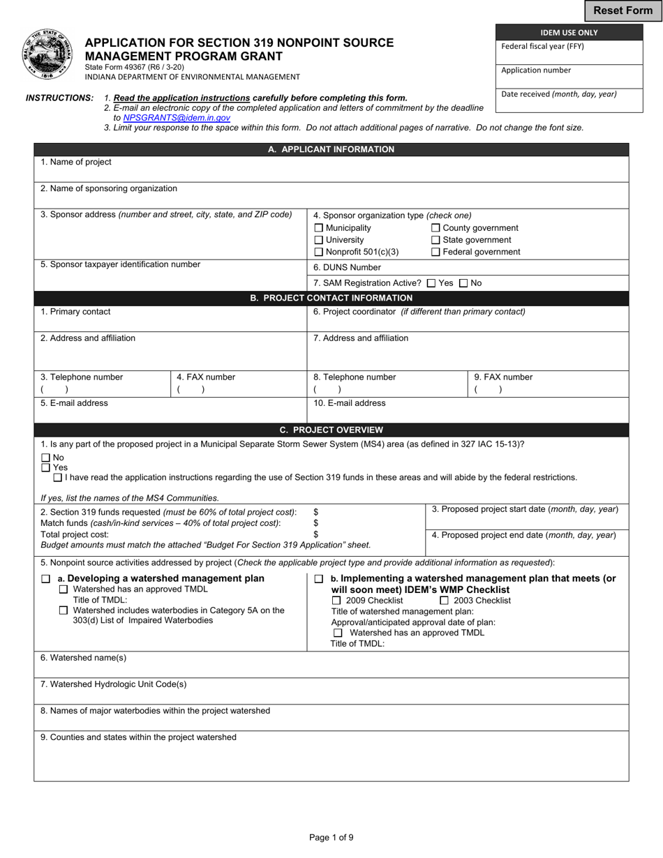 State Form 49367 Application for Section 319 Nonpoint Source Management Program Grant - Indiana, Page 1