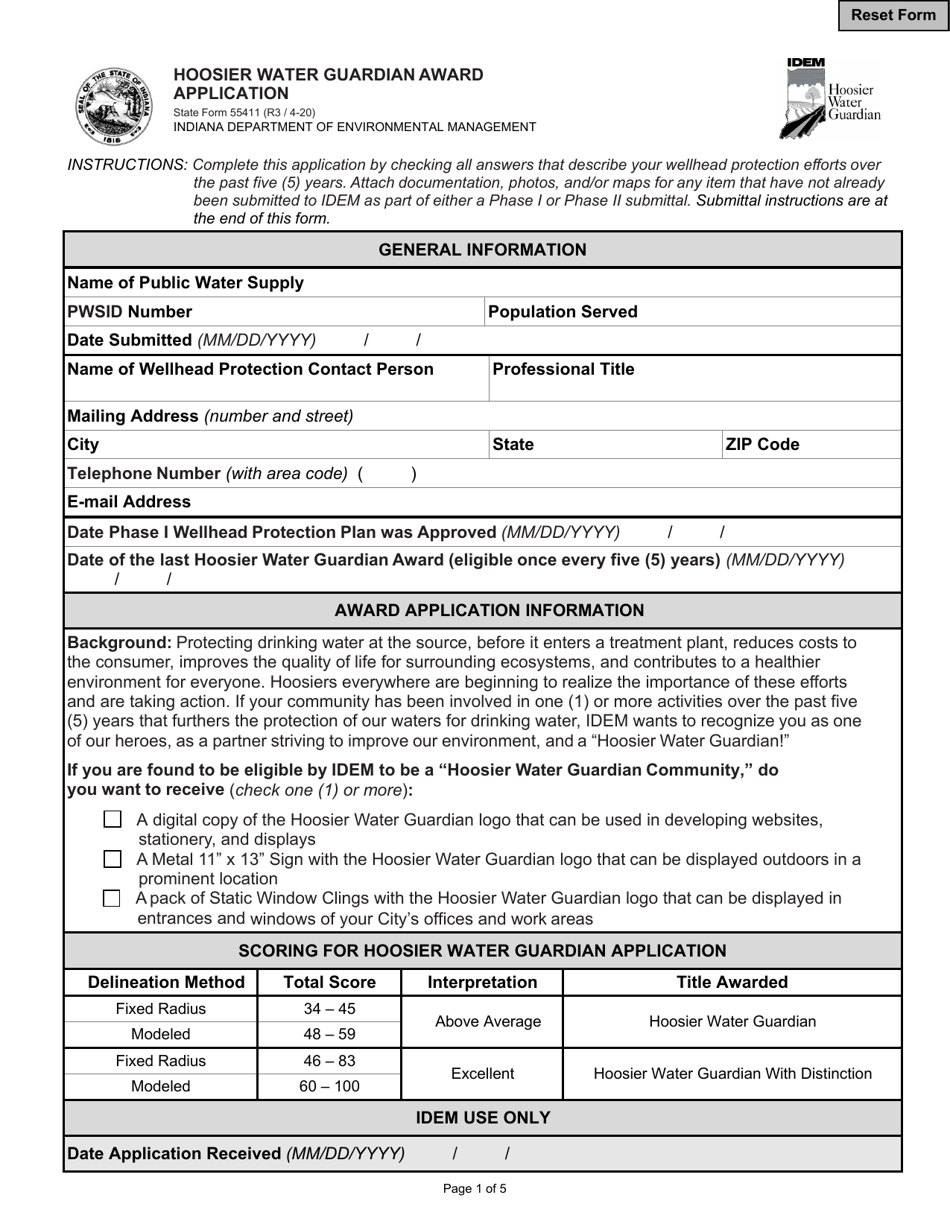 State Form 55411 Hoosier Water Guardian Award Application - Indiana, Page 1