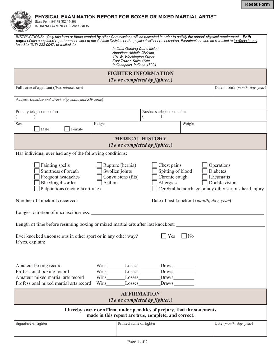 State Form 54475 Physical Examination Report for Boxer or Mixed Martial Artist - Indiana, Page 1