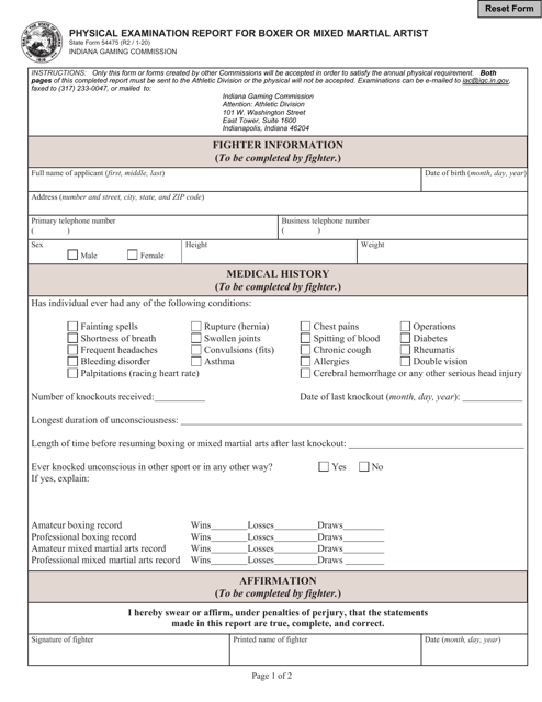 State Form 54475 Physical Examination Report for Boxer or Mixed Martial Artist - Indiana