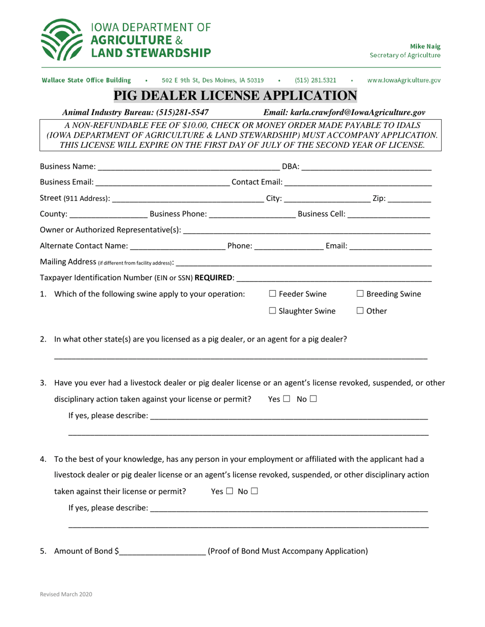 Pig Dealer License Application - Iowa, Page 1